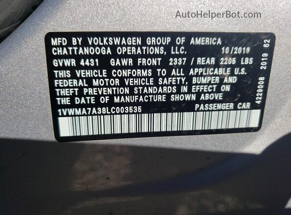 1VWMA7A38LC003535 2020 VOLKSWAGEN PASSAT Silver ძრავის განყოფილების ხედი