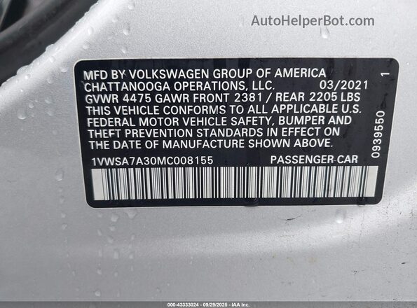 1VWSA7A30MC008155 2021 VOLKSWAGEN PASSAT Silver Вид підкапотного простору