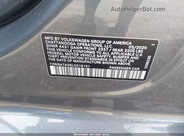 1VWSA7A35LC018131 2020 VOLKSWAGEN PASSAT Gray Widok komory silnika