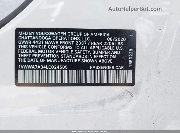 1VWWA7A34LC024505 2020 VOLKSWAGEN PASSAT Белый Вид подкапотного пространства