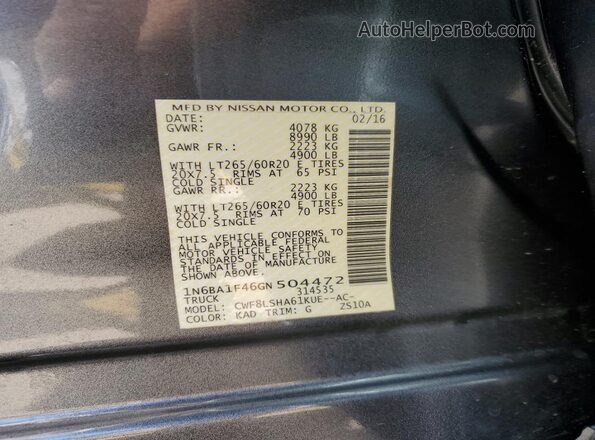 1N6BA1F46GN504472 2016 NISSAN TITAN Gray VIN sticker view