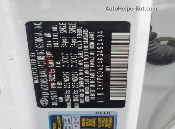 5XYPGDA54KG490404 2019 KIA SORENTO White Панорамний вид салону 360°