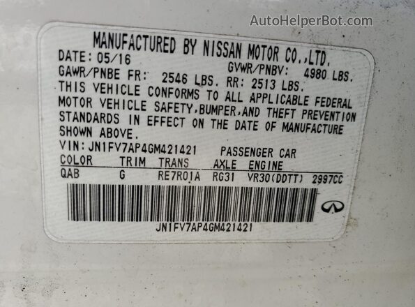 JN1FV7AP4GM421421 2016 INFINITI Q50 White 