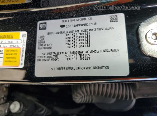 1GKS1AKD8NR157116 2022 GMC YUKON Черный 