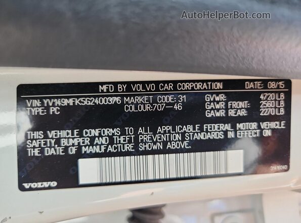 YV149MFK5G2400376 2016 VOLVO S60 White 