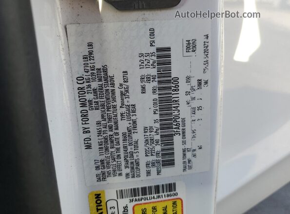 3FA6P0LU4JR118600 2018 FORD FUSION White 