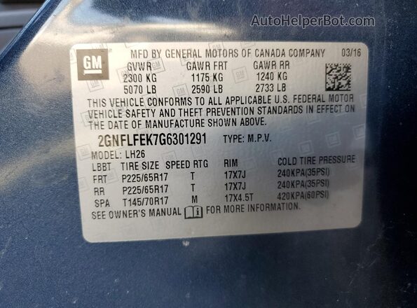 2GNFLFEK7G6301291 2016 CHEVROLET EQUINOX Синий Панорамный вид салона 360°