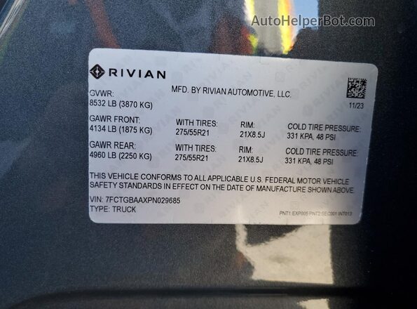 7FCTGBAAXPN029685 2023 RIVIAN R1T Серый 