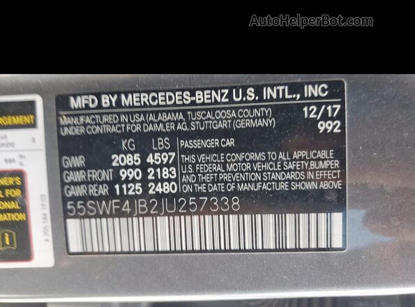 55SWF4JB2JU257338 2018 MERCEDES-BENZ C Gray Вид наклейки з VIN-кодом
