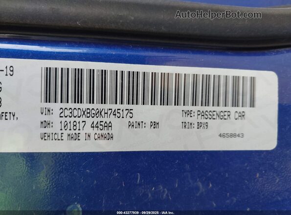 2C3CDXBG0KH745175 2019 DODGE CHARGER Dark Blue Вид подкапотного пространства