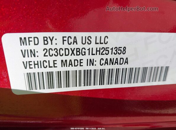 2C3CDXBG1LH251358 2020 DODGE CHARGER Red Engine compartment view