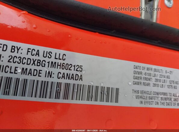 2C3CDXBG1MH602125 2021 DODGE CHARGER Orange Շարժիչի բաժամունքի տեսք