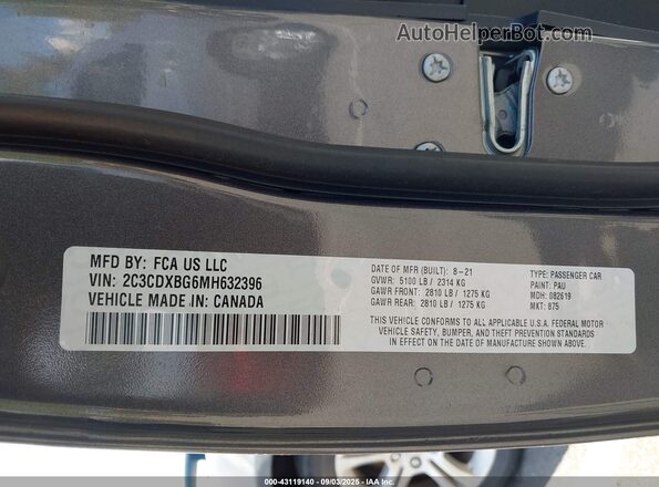 2C3CDXBG6MH632396 2021 DODGE CHARGER Gray Вид підкапотного простору