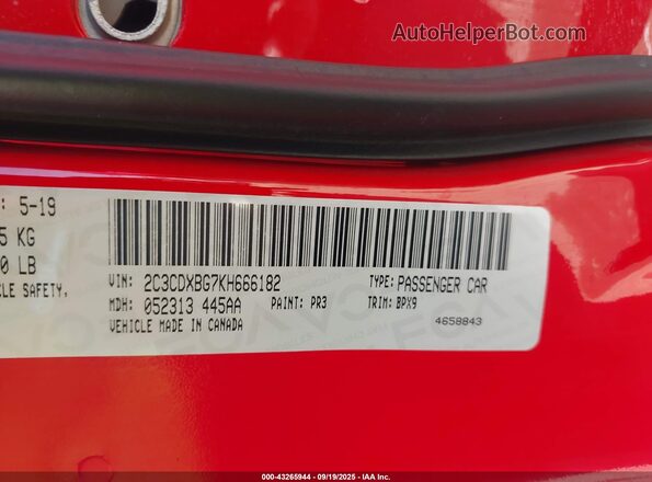 2C3CDXBG7KH666182 2019 DODGE CHARGER Red Engine compartment view