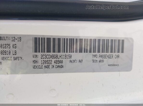 2C3CDXBG8LH119150 2020 DODGE CHARGER White Engine compartment view