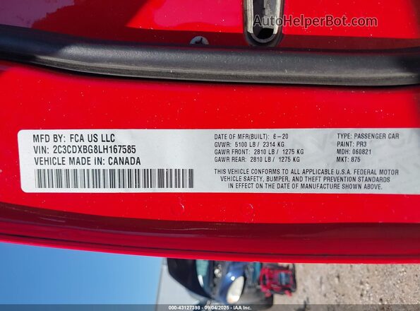 2C3CDXBG8LH167585 2020 DODGE CHARGER Red ძრავის განყოფილების ხედი