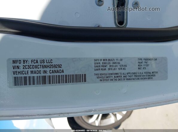 2C3CDXCT6NH259292 2022 DODGE CHARGER White Vista del compartimento del motor