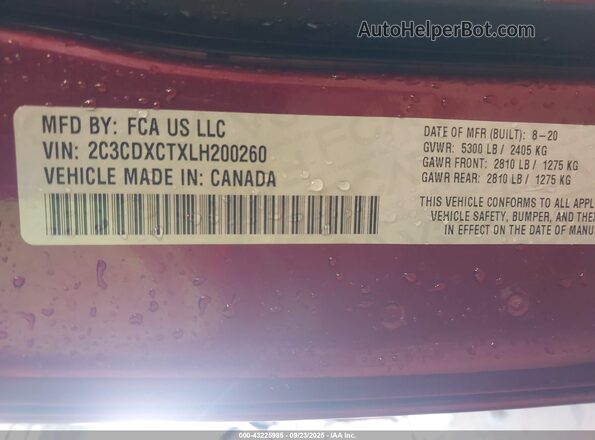 2C3CDXCTXLH200260 2020 DODGE CHARGER Бордовый Вид подкапотного пространства
