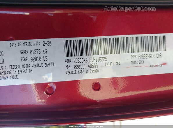 2C3CDXGJ3LH116225 2020 DODGE CHARGER Burgundy Widok komory silnika