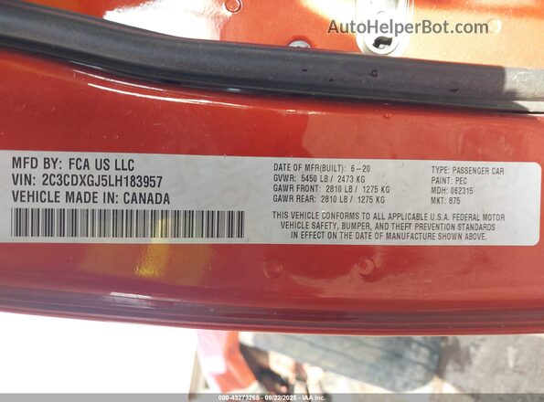 2C3CDXGJ5LH183957 2020 DODGE CHARGER Orange Engine compartment view