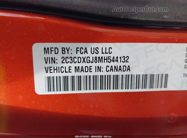 2C3CDXGJ8MH544132 2021 DODGE CHARGER Orange Vista del compartimento del motor