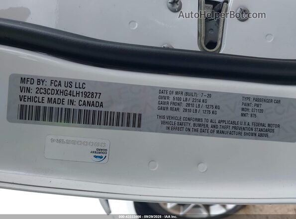 2C3CDXHG4LH192877 2020 DODGE CHARGER White Widok komory silnika