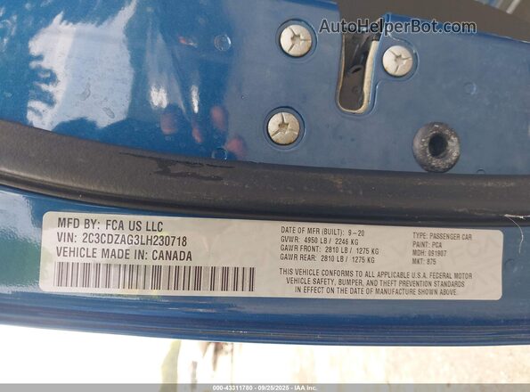 2C3CDZAG3LH230718 2020 DODGE CHALLENGER Синий Вид подкапотного пространства