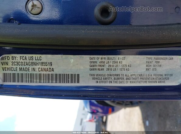 2C3CDZAG8NH185519 2022 DODGE CHALLENGER Blue Շարժիչի բաժամունքի տեսք