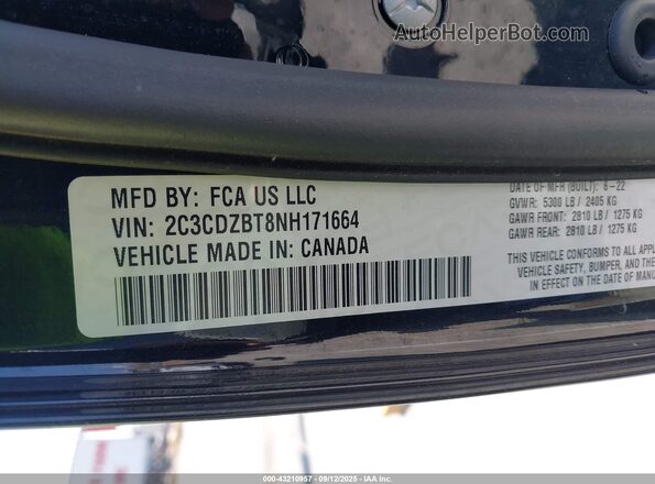 2C3CDZBT8NH171664 2022 DODGE CHALLENGER Черный Вид подкапотного пространства