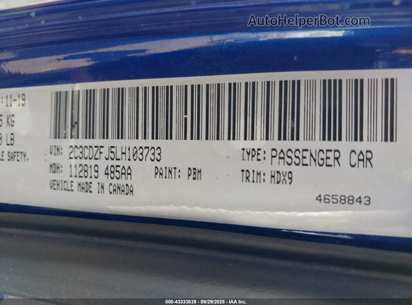 2C3CDZFJ5LH103733 2020 DODGE CHALLENGER Blue Widok komory silnika