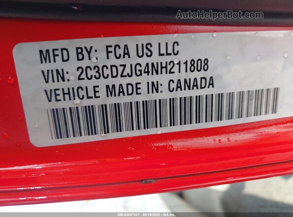 2C3CDZJG4NH211808 2022 DODGE CHALLENGER Red Widok komory silnika