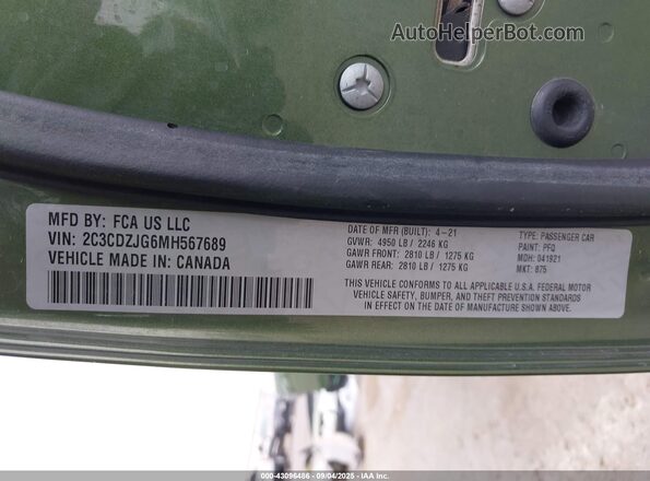 2C3CDZJG6MH567689 2021 DODGE CHALLENGER Green Widok komory silnika