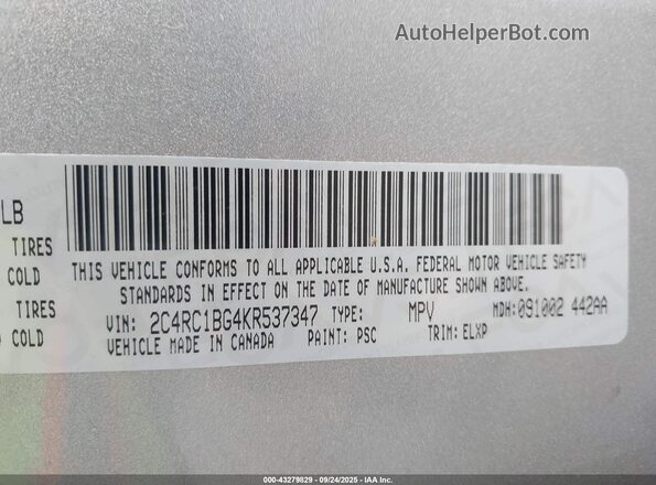 2C4RC1BG4KR537347 2019 CHRYSLER PACIFICA Gray 
