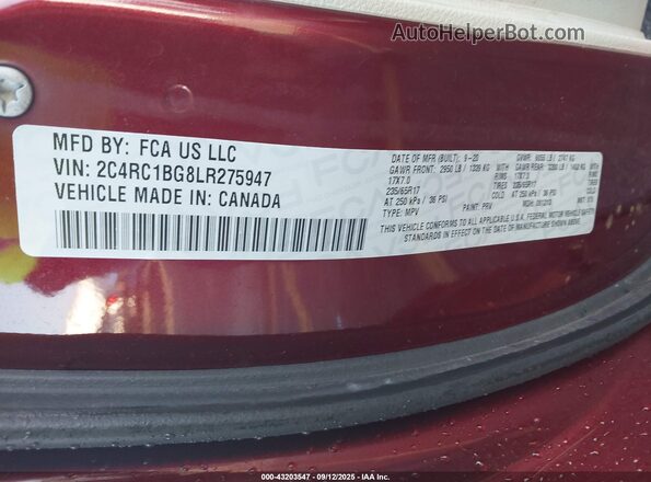 2C4RC1BG8LR275947 2020 CHRYSLER PACIFICA Red Vista del compartimento del motor