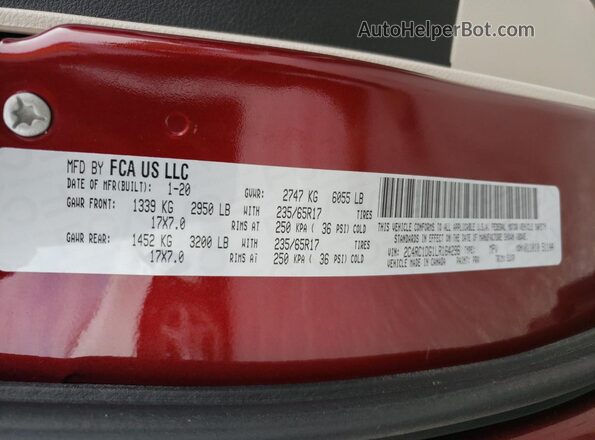 2C4RC1DG1LR164296 2020 CHRYSLER VOYAGER Burgundy VIN კოდის სტიკერის ხედი