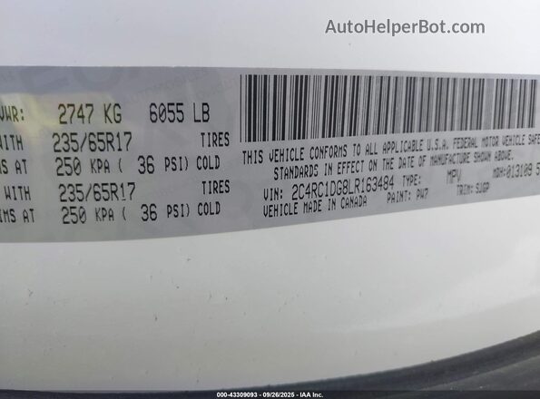 2C4RC1DG8LR163484 2020 CHRYSLER VOYAGER White Вид підкапотного простору