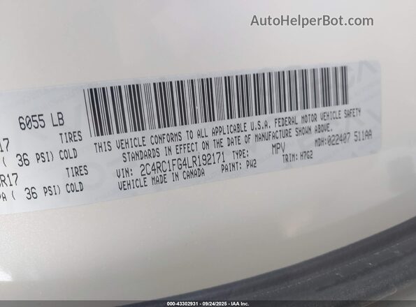 2C4RC1FG4LR192171 2020 CHRYSLER PACIFICA Cream Widok komory silnika