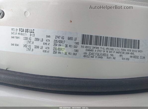 2C4RC1FG6LR105516 2020 CHRYSLER PACIFICA Beige Vista del compartimento del motor