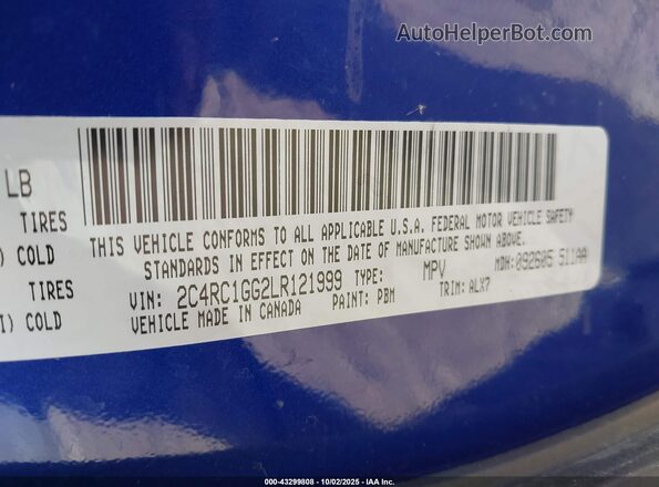 2C4RC1GG2LR121999 2020 CHRYSLER PACIFICA Blue Vista del compartimento del motor