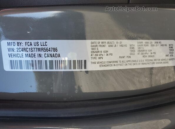 2C4RC1S77MR564786 2021 CHRYSLER PACIFICA Gray Widok naklejki z numerem VIN