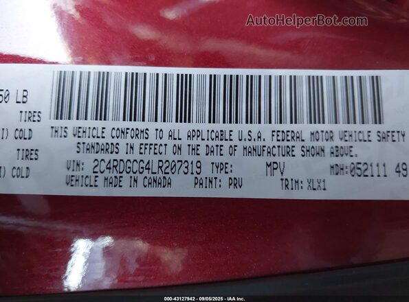 2C4RDGCG4LR207319 2020 DODGE GRAND CARAVAN Red Engine compartment view