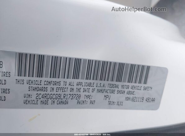 2C4RDGCG9LR173720 2020 DODGE GRAND CARAVAN White ძრავის განყოფილების ხედი