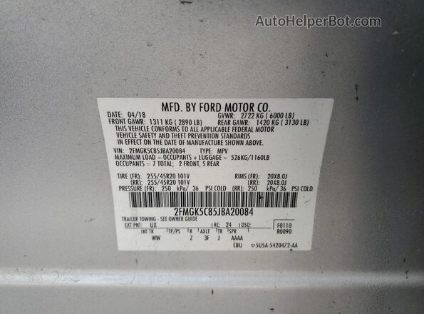 2FMGK5C85JBA20084 2018 FORD FLEX Silver VIN կոդի պիտակի տեսք