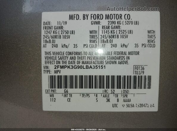 2FMPK3G90LBA35151 2020 FORD EDGE Gold Շարժիչի բաժամունքի տեսք