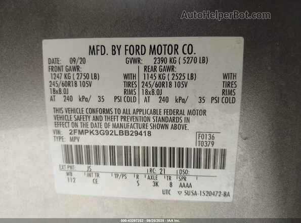 2FMPK3G92LBB29418 2020 FORD EDGE Silver Вид підкапотного простору