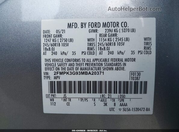 2FMPK3G93MBA20371 2021 FORD EDGE Gray Engine compartment view