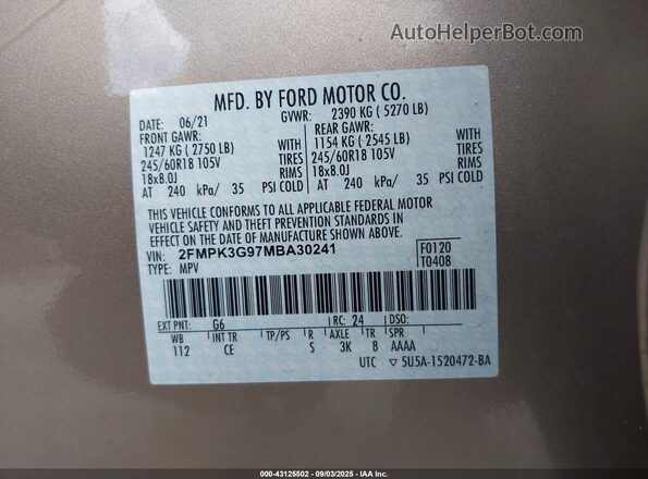 2FMPK3G97MBA30241 2021 FORD EDGE Brown Շարժիչի բաժամունքի տեսք