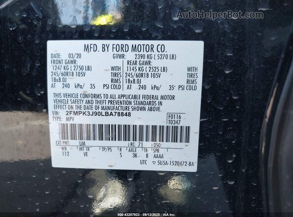 2FMPK3J90LBA78848 2020 FORD EDGE Black Շարժիչի բաժամունքի տեսք