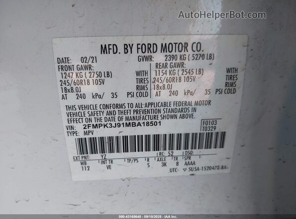 2FMPK3J91MBA18501 2021 FORD EDGE White 