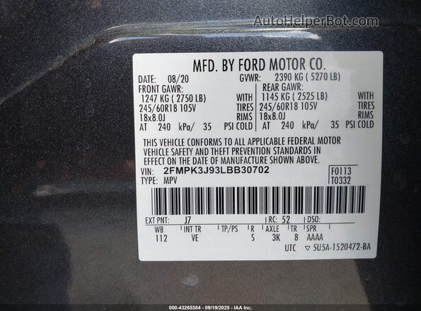 2FMPK3J93LBB30702 2020 FORD EDGE Gray Widok komory silnika